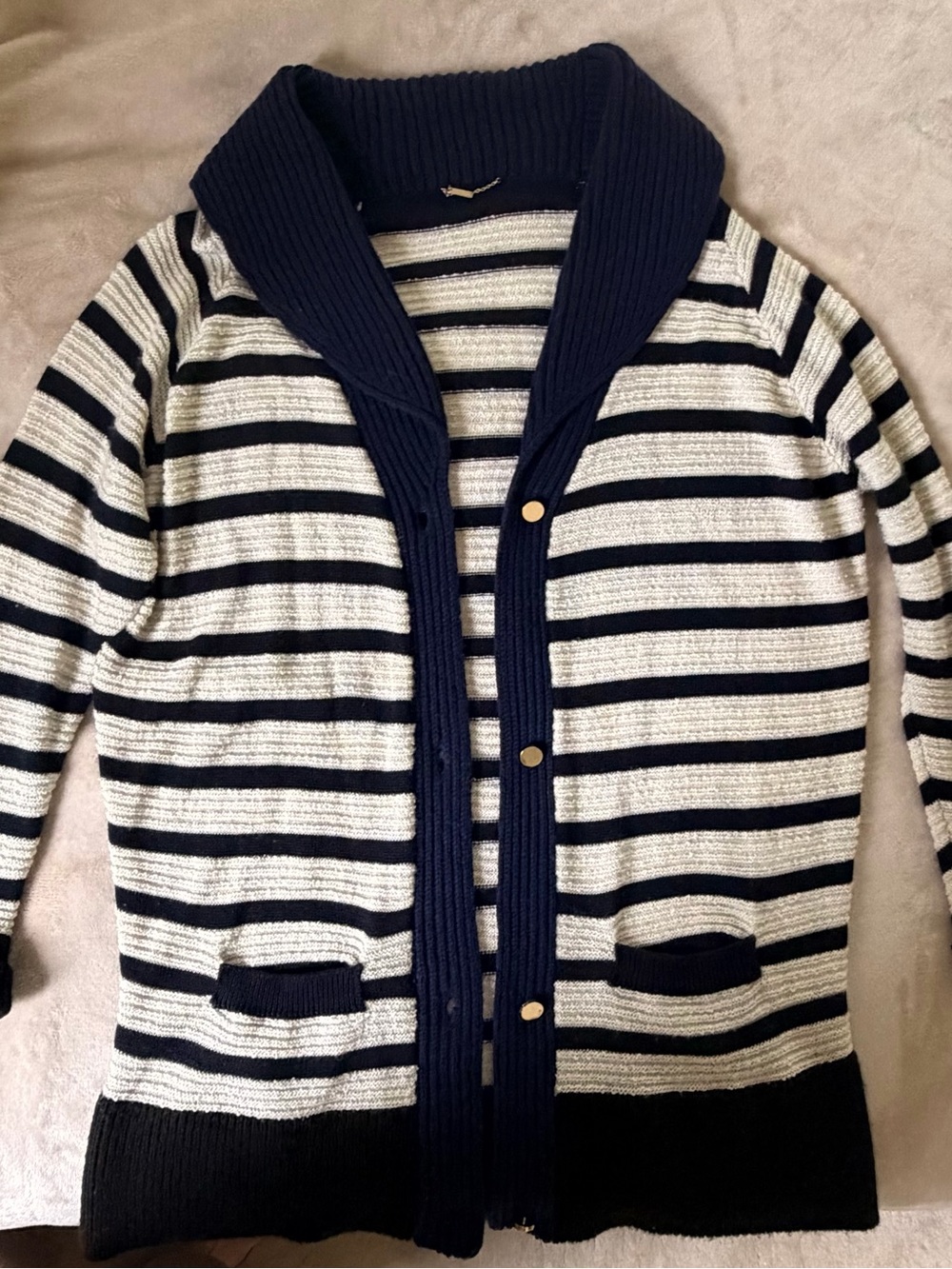 The Row Navy and Cream Striped Shawl Collar Cardigan - Picture 5 of 9